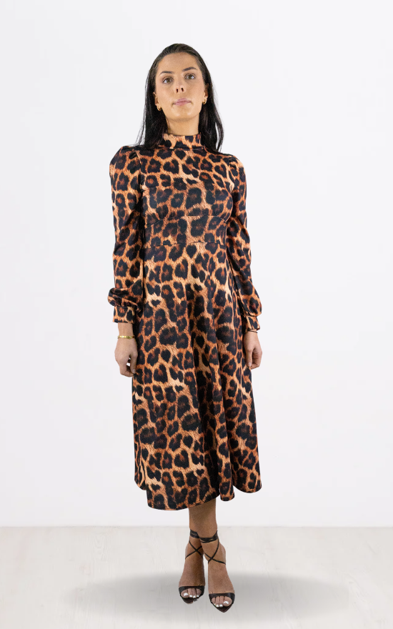 Brown Leopard Print Long Sleeve Turtle Neck Midi Dress