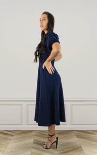 Navy Round Neck Puff Sleeve Midi Dress