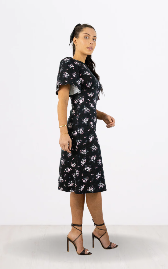 Pink Floral Print Flair Sleeve Midi Dress