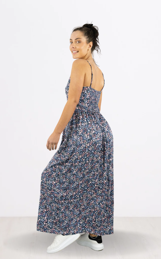 Navy Floral Button Front Maxi Dress