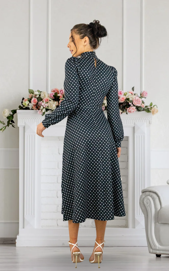 Black Spot Long Sleeve Turtle Neck Midi Dress