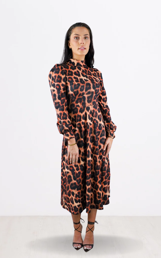 Brown Leopard Print Long Sleeve Turtle Neck Midi Dress