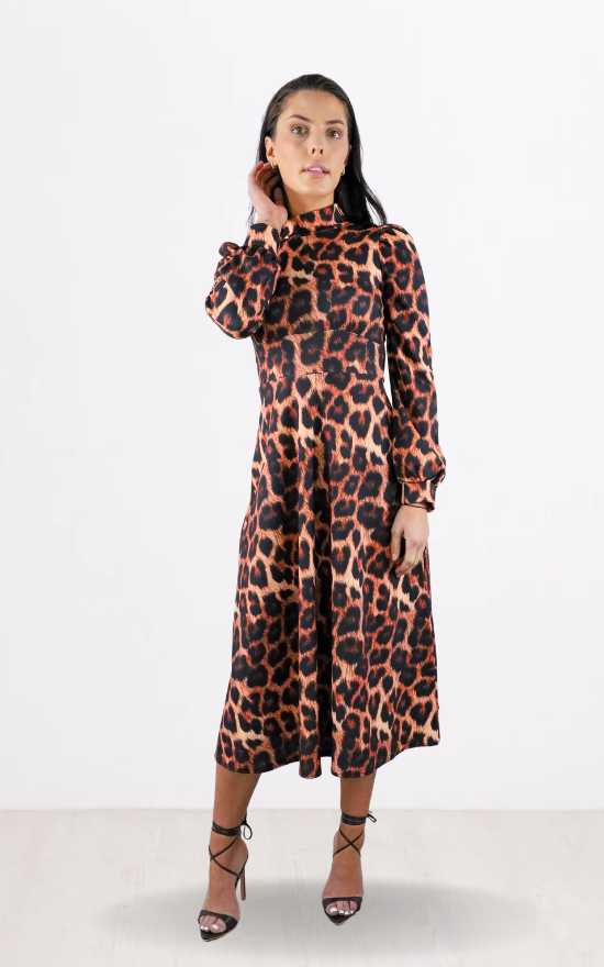 Brown Leopard Print Long Sleeve Turtle Neck Midi Dress