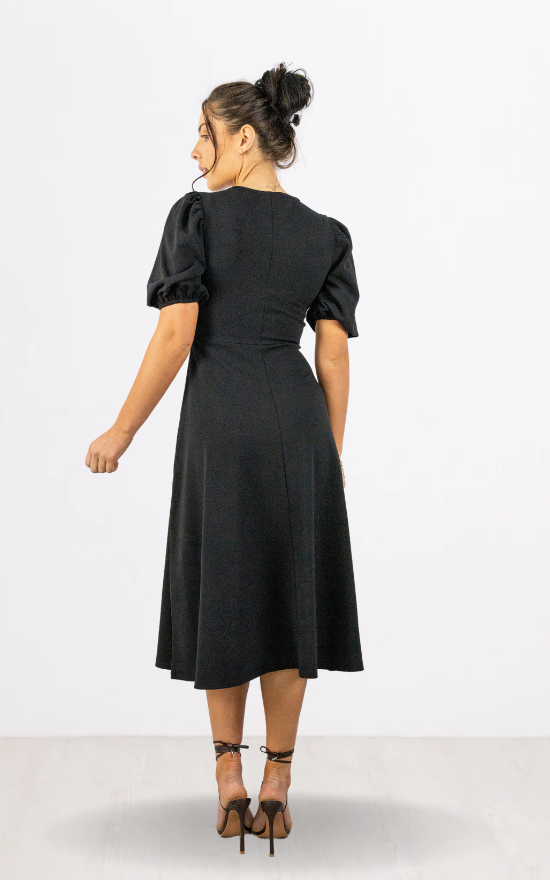 Black Round Neck Puff Sleeve Midi Dress