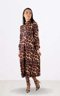 Brown Leopard Print Long Sleeve Turtle Neck Midi Dress