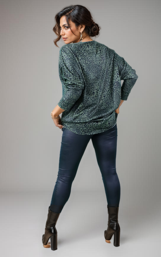 Green Leopard Print Long Sleeve Tunic Jumper