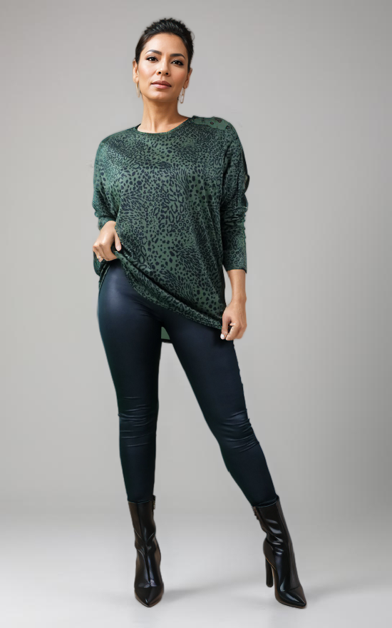 Green Leopard Print Long Sleeve Tunic Jumper