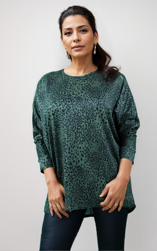 Green Leopard Print Long Sleeve Tunic Jumper