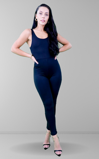 Black Double Layer Stretchy Scoop Neck Jumpsuit