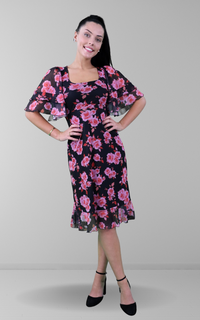 Pink floral print mesh square neck frill sleeve midi dress