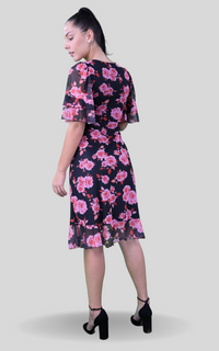 Pink floral print mesh square neck frill sleeve midi dress