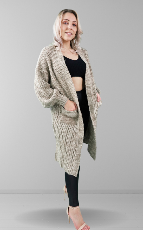 Stone Lurex Oversized Longline Cardigan