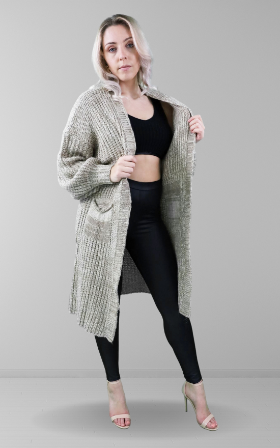 Stone Lurex Oversized Longline Cardigan